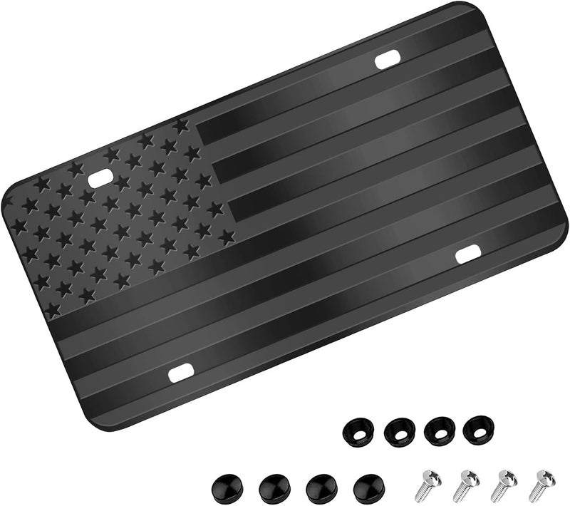 WYHCauto American Flag License Plate, Black Front Flag Decoration License Plates with 4 Holes,Aluminum Metal 3D Embossed US License Plate with Screws Caps, 6 * 12 inches Car Decor Accessory - Image 1